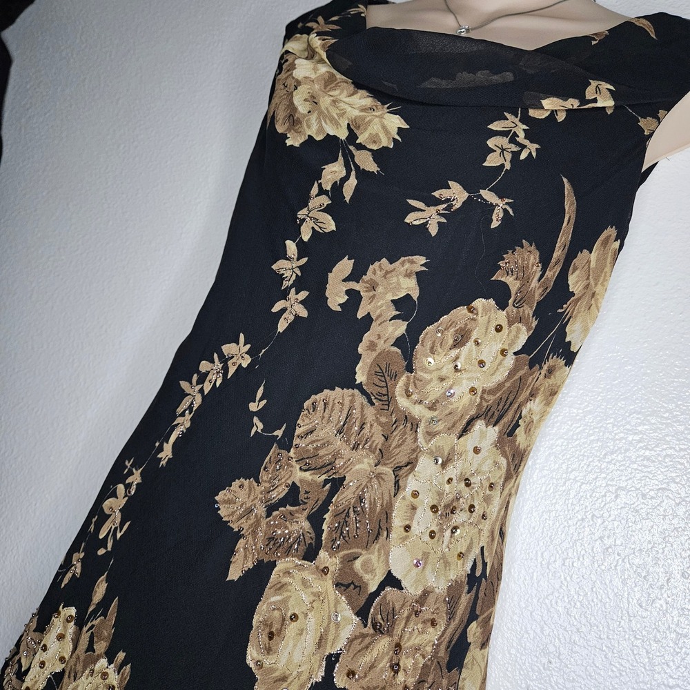 Connected Apparel Black Tan Floral Sequin Cowl Neck Midi Dress - Picture 4 of 6